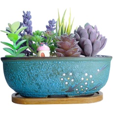 Artketty Keramik Sukkulente Pflanzgefäße , 7,9 Zoll Moderner rechteckiger Bonsai-Topf mit Drainageloch Kleiner glasierter Blumenkaktus-Pflanzgefäß, Hausgarten-Fensterbox mit Bambusschale (7,9 '' blau)
