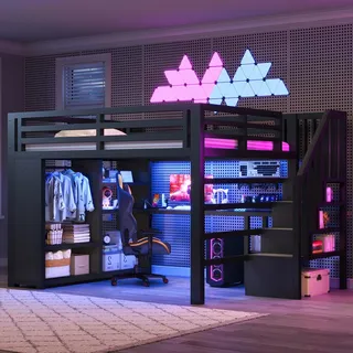 Merax Gaming Hochbett 160x200 cm, Metall Etagenbett Mit Schreibtisch, LED Beleuchtung, USB, Kleiderschrank, Lageraufzug, Kinderbett, Schwarz - Schwarz