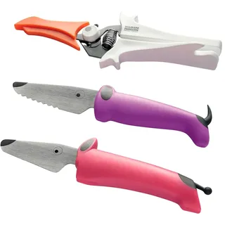 KUHN RIKON Kinderkitchen Messer Set 1x Hund mit Zähnen violett und 1x Hund ohne Zähne fuchsia und 1x Schere mir Klingenschutz weiss, Kindermesser ab 3 Jahren, 3-teilig