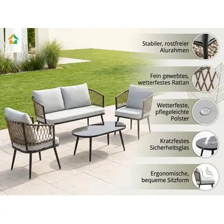 Lounge-Set 11tlg. BARI aus Aluminium Geflecht inkl. Polsterauflage - Grau - Grau