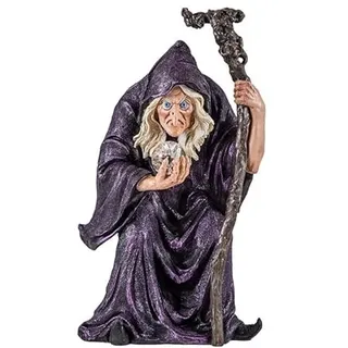 DRW Hexenfigur mit Besen und Glaskugel aus Harz, handbemalt, 29 cm