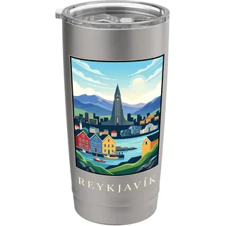 Reykjavik Island Nordic Harbor Skyline Vintage Travel Doppelwandiger Edelstahl-Thermobecher