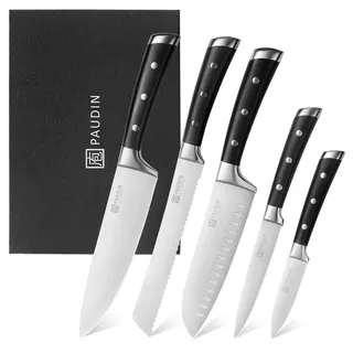 PAUDIN Messerset 5 Teilig, Küchenmesser Set mit Kochmesser, Brotmesser, Santokumesser, Gemüsemesser und Allzweckmesser, Scharfe Messer Set aus Hochwertigem Carbon Edelstahl und ABS Griff