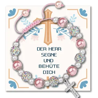 ENSTAB Kommunion Geschenke für Mädchen Armband mit Kreuz Kommunionkarten Geschenk Kommunion Mädchen (Rosa)