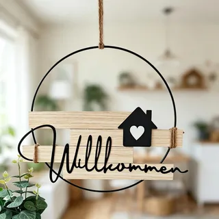 Türkranz Willkommen Ganzjährig, Willkommensschild Haustür aus Metall und Holz, Boho Türdeko Haustür Deko Kranz Hängedeko für Eingang, Garten, Frühling, Sommer, Herbst, Winter