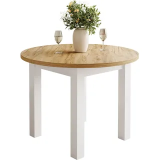 OLEA runder Esstisch, Weiß / Craft Gold Eiche - ø100 cm (+ 40 cm), ohne Stühle