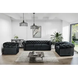 Couchgarnituren im Chesterfield Stil, Set 3+2+1, Relaxsofa mit Steppung, Sofa Sessel mit Holzbeine CHESTER (Schwarz) - Schwarz