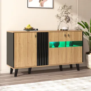 Merax Kommode inkl. LED-Beleuchtung, Sideboard mit 3 Türen und 6 Fächer, Anrichte Buffet Landhaus Aufbewahrung Schrank 140x78x41cm, Natur/Schwarz - Schwarz