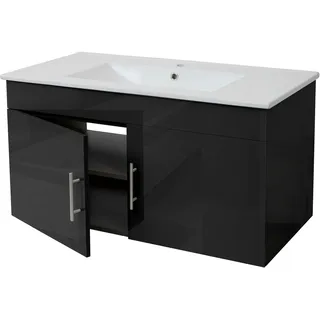 Mendler Waschbecken + Unterschrank HWC-D16, Waschbecken Waschtisch, FSC®-zertifiziert, hochglanz 90cm ~ schwarz