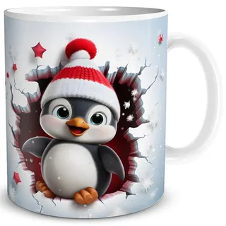 TRIOSK Weihnachtstasse 3D Illusion Pinguin mit Weihnachtsmotiv Becher-Durchbruch - Lustige Geschenkidee für Frauen, Pinguinliebhaber, Männer & Kollegen - Keramik-Tasse 300 ml