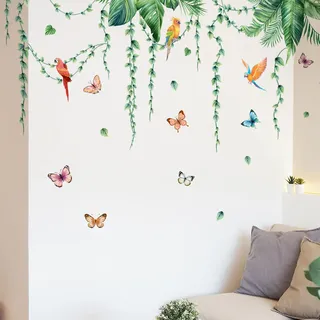 Wandtattoo Palmblatt Pflanzen 2 Stück Wandtattoo Dschungel Wandaufkleber | Hängende Rebe Grüne Palmen Blätter Vögel Wandsticker Wanddeko für Wohnzimmer Kinderzimmer Schlafzimmer Sofa Hintergrund