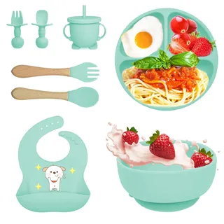 Bizcasa 8 Stück Silikon Baby Geschirrset, Rutschfest Kindergeschirr Set, Kindergeschirr mit Saugnapf, Rutschfest Baby Schüssel,Baby-Teller, Baby-Besteckset für Kleinkinder, BPA Frei (Grün 2)