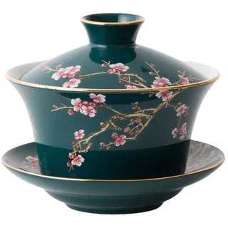 YBK Tech 10 oz große Gaiwan, Porzellan Kung Fu Teetasse und Untertasse mit Deckel, Chinesische traditionelle Gaiwan, Sancai Tee-Schüssel - Geprägte Pflaumenmuster (Grün)