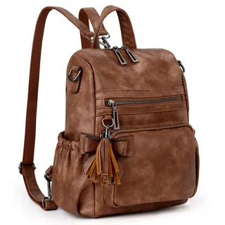 UTO Damen Rucksack Leder Vegan Tagesrucksack Modischer Multifunktion Rucksackhandtaschen mit Schleife Quaste Lässige Vielen Kompartiment Reißverschluss Daypack Für Freizeit Schule Reise Braun