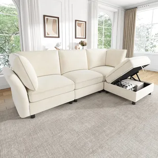 STILVORA Modulsofa frei kombinierbar als L-Ecksofa, Cloud-Sofa weich gepolstert, 4-Sitzer Sofa mit Stauraum-Hocker und 2 Armlehnenkissen,Chenille,Beige - Beige