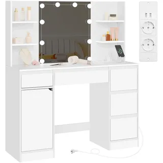 WOLTU Schminktisch mit Spiegel, Beleuchtung, Steckdosen, 110x40 cm | Einstellbarer Helligkeit, Frisiertisch mit 5 Schubladen & 4 Ablagen, 1 Schrank, Modern, für Schlafzimmer, Weiß