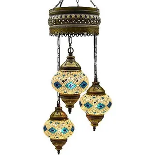 Turkische Hängelampe mit 3 Glaskugeln, orientalische Deckenlampe in Türkis und Weiß, handgefertigt, Mozaikdesign