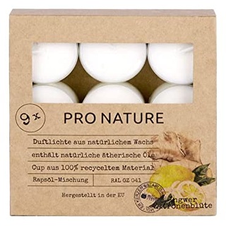 Müller Kerzen PRO NATURE Duftlichte mit Rapsöl - Ingwer & Zitronenblüte - 9er Pack - 6 Stunden Brenndauer - Teelichter aus Natürlichem Wachs - Hülle 100% recyceltes Material