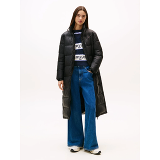 Steppmantel TOMMY JEANS "TJW MAXI PCKBL HOOD ESS PUFFER", Damen, Gr. L (42/44), schwarz, Web, Obermaterial: 100% Nylon. Futter: 100% Polyester. Füllung: 100% Polyester, unifarben, lang, elastischer Bund, Mäntel Steppmantel, mit Stehkragen