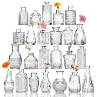 CUCUMI 24-teiliges Glasvasen-Set, kleine Vasen für Blumen, klare Knospenvasen für Tafelaufsätze, Mini-Blumenvasen in Großpackung für rustikale Hochzeitsdekorationen, Vintage-Look, Heimtischdekoration