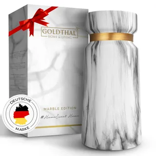 Goldthal® Premium Vase aus Keramik im Boho Style für Blumen, Pampasgras,Trockenblume, H22cm - weiße Marmor-Optik schlicht & modern -Deko-Elementen -mit Goldring