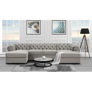 U-Form Ecksofa mit Schlaffunktion und Bettkasten Chester U-Shape Sofa im Chesterfield Stil, Stoff: paros 02 - beige, Knöpfe: Zirkonia