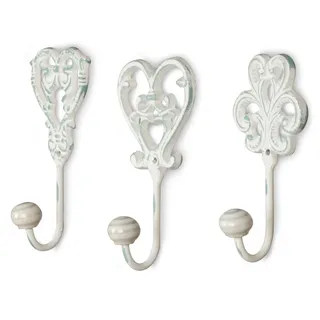 3tlg. Haken 3er Set Wandhaken weiß grau Kleiderhaken Haken Wandgarderobe Garderobenhaken Garderobe Eisen Shabby Chic Landhaus Vintage Nostalgie Antik Ornamente Barock
