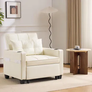 okwish 3-in-1 Ausziehbares Schlafsofas Einzelsofa Relaxsessel mit Getränkehaltern und USB-Anschluss,Liegestuhl Loungesessel mit Kunststofffüßen und Tasche,Weiß - Weiß
