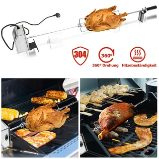 Fiqops Grillspieß Set Elektrischer Drehspieß für Gasgrill Rotisserie Grill mit 2x Fleischnadeln und Edelstahl Motor 220V-240V inkl. Motorhalterung mit Edelstahl Fleischklammern