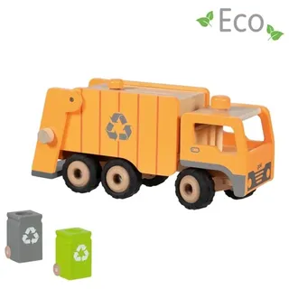 Goki Holz Müllwagen Eco mit Gummireifen und 2 Mülltonnen - Gelb, Schwarz