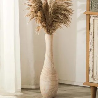 Hanobe Vase Deko Groß Bodenvase: Holz Hoch Boden Vasen Skandinavische Deko XXL Flur Wohnzimmer - 56cm Landhausstil Natur Blumenvase mit Loch für Pampasgras