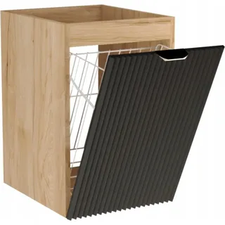 WENA Badezimmerschrank 40 cm, mit Wäschekorb, geriffelte Fronten, Griffe aus Metall in der Farbe Gold Willy (Farbe: Schwarz/Walnuss) - Schwarz, Braun, Bronze