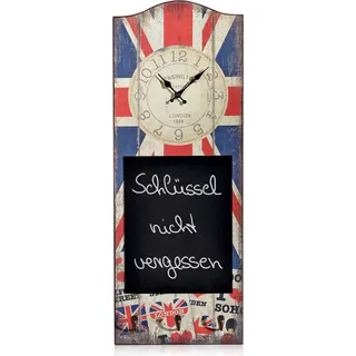 Mucola Wanduhr Dekouhr 30x80CM Tafel 3 Kleiderhaken Shabby Uhr Holz Metall Analog Schreibtafel Motivuhr Nostalgie Board - England - Bunt