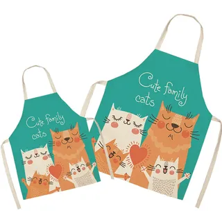 Familie Katze passende Schürze für Eltern und Kind zum Kochen, Malerei, Gartenarbeit – schöne Muster-Leinen-Eltern- und Kinderschürze für die Familienzeit, Mutter-Vater-Tochter-Sohn-Küchenschürze