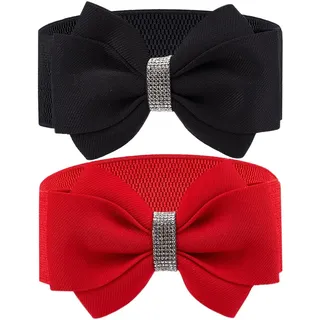craspire 2 Farben Elastischer Schleifengürtel Schwarz Rot Stoff Schleife Stretch Schärpe Krawatte Elastische Kette Taillengürtel Band Vintage Mit Synthetischem Strass Für Frauen Damen Hochzeit