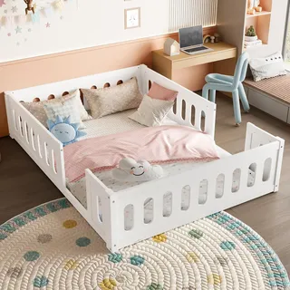 Kinderbett mit Zaun, ohne Lattenrost, 140x200 cm, Holzbett mit Rausfallschutz, Kiefer - Weiß