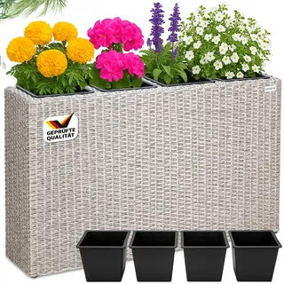 CASARIA Blumenkasten 4 Innentöpfe | Polyrattan, Herausnehmbar, Wasserablauf, Creme, Outdoor, Wetterfest, 95x27x60cm
