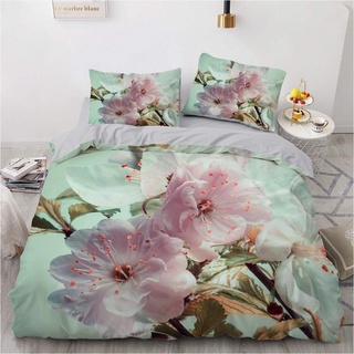 Luowei Bettwäsche Blumen 135x200cm Grün Rosa Vintage Blüten Bettbezug und 1 Kopfkissenbezug 80 x 80cm Weiche Microfaser Floral Bettwäsche Set für Einzelbett