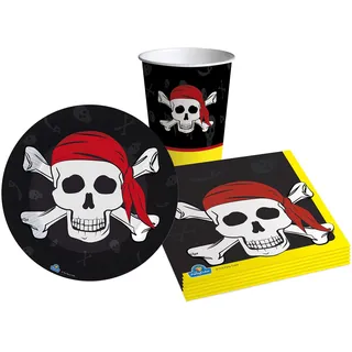 Partygeschirr Party-Set piraten Pirates Party für 8 Personen (36 pcs: 8 Pappteller Ø18cm, 8 Becher 250ml, 20 Servietten 33x33cm) aus eco-friendly kompostierbarem Papier