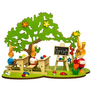 SIKORA OD20 Osterdeko farbenfrohe Holz Hasenschule | handbemalte Osterhasen Figuren | Hochwertige Tischdeko für Ostern | Länge ca. 22cm
