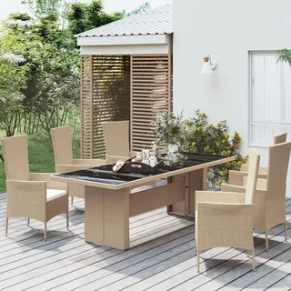 Gartentisch mit Glasplatte Beige Poly Rattan & Hartglas - Beige