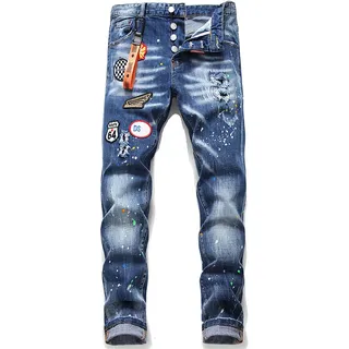 Herrenjeans, Slim Straight Stickerei Jeans, Rissige Patchwork Stretch Jeans, Farbspritz-Abzeichen Jeans, Bettlerjeans,33
