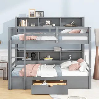 Flieks Etagenbett 90x200cm mit Regalen und Schublade, Hochbett mit Leiter, Kinderbett mit Rausfallschutz und Lattenrost, Stockbett 2 Kinder, Grau - Grau