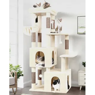 Kratzbaum Beige Groß Stabil mit 72 * 45cm Große Basis, 2 Groß Katzenhaus, Gepolsterte Sitzstangen, Katzenspielzeug, Katzenbaum 156 cm hoch für Katzchen Große Katzen Senioren (F61, Beige) - Beige