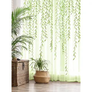 Breling Willow Voile-Vorhänge, niedlich, grün, transparent, Blätter, Tüll, Weinrebe, Fenster, Fenster, Tür, Balkon (2 Stück, 132,1 x 199,9 cm)