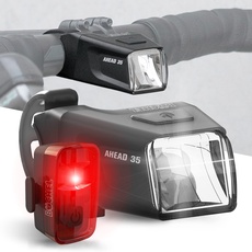 Bild von Ahead Fahrradlichter Set I 35/15 Lux Design genau mittig am Lenker StVZO zugelassen Aufladbares Fahrrad licht LED für vorne + hinten Rücklicht, fahrradlicht, Schwarz