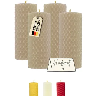 Wachsmann Stumpenkerzen beige – 100% Bienenwachs - Weihnachten & Geschenk - handgerollt, Made in Germany – 4er-Set Bienenwachskerzen (4×10 cm, 6 Stunden Brenndauer)