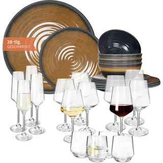 Melamin Camping Geschirr Set 4 Personen Stone Curry + 16 Milano Gläser Wassergläser Weingläser Champagner-Gläser Flûtes Tafelgeschirr Picknick BBQ Kochgeschirr