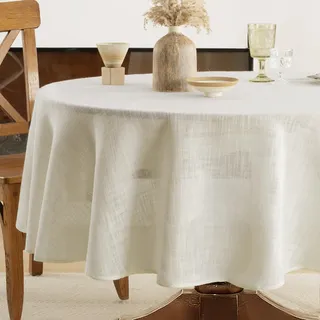 FIBORIA Outdoor Tischdecke Rund 140 cm Beige Tischdecken Abwaschbar Aus 300 GSM Leinenoptik Tischtuch Wasserabweisende Tischwäsche Klein Gartentischdecke Table Cloth Für Camping,Hochzeiten,Geburtstag