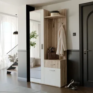 Garderobenschrank LEA mit Schuhschrank Garderobenständer und Spiegel für den Flur Sonoma Weiß Haken Schuhregale Kleiderständer 97x195x30 cm - Weiß
